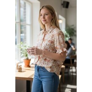 Velvet Heart Floral Short Sleeve Ruffle Button Down Blouse Womens L